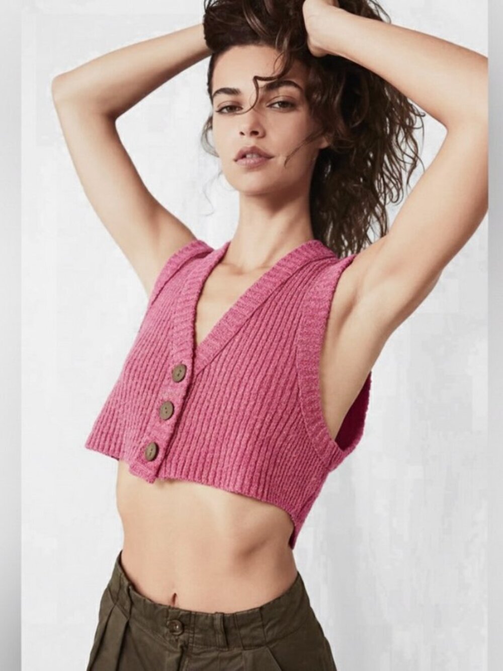 Free People Colby Marled Pink Cropped Alpaca Blend Ribbed Sweater Vest Size S
